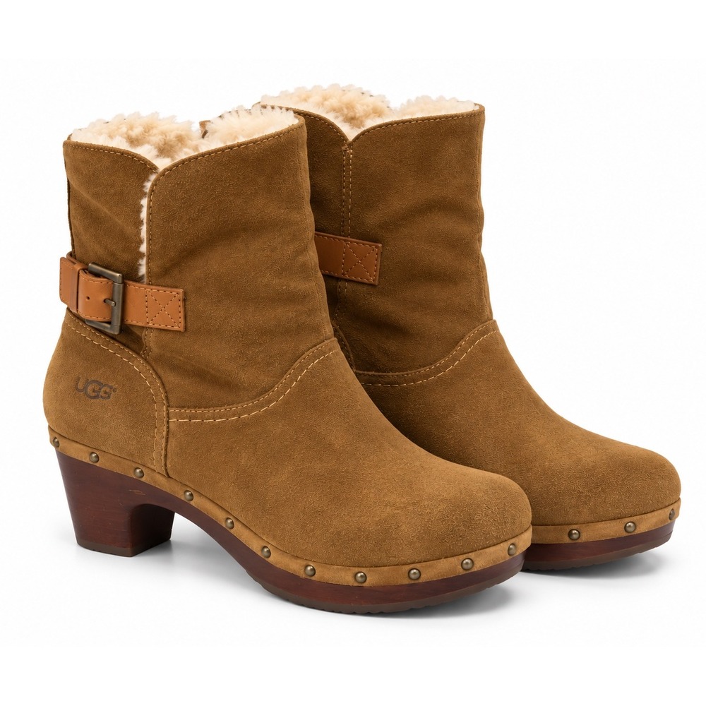 UGG Australia Amore Boots 1003373 Camel Brown Suede Shearling Clog Heel Size 7